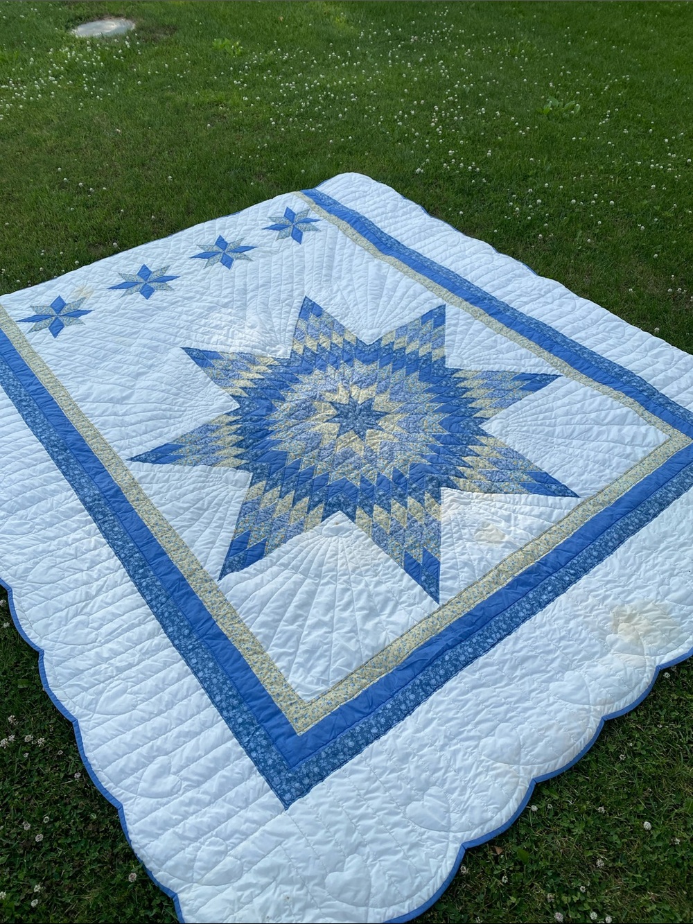 Blue Cream & Yellow Star Quilt Bedspread Classic Patchwork Quilt